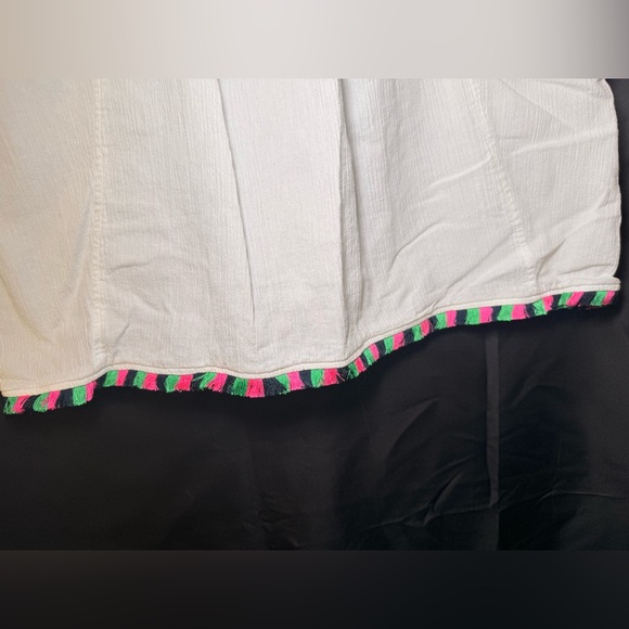 J. Crew MEDIUM Tunic Cover Up White Crepe Colorful Front V Neck Tassels Beach - Picture 4 of 9